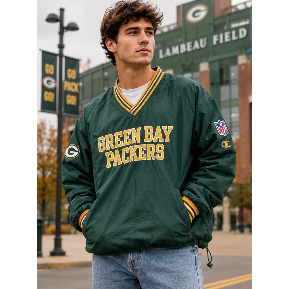 Green Bay Packers Champion Pro Line NFL Nylon Sideline Jacket Windbreaker Sz L
